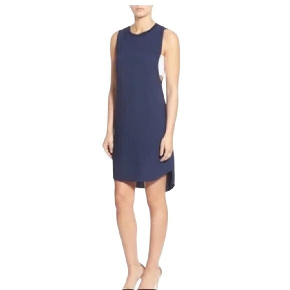 Trouvé Shift Dress Size Small Crewneck Sleeveless Hi Low Side Cutout Navy White